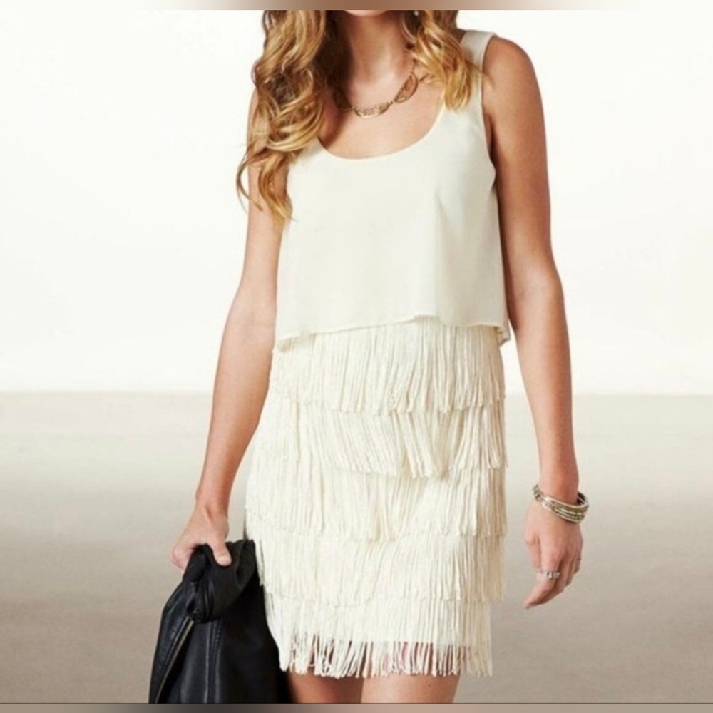 American Eagle Outfitters Fringed Cream 1920s Flapper Mini Dress sz 8